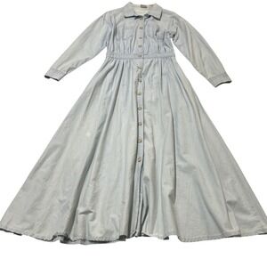 Vintage Sarah Chapman Dress Blue Light Denim Button Down Maxi Size PM Modest
